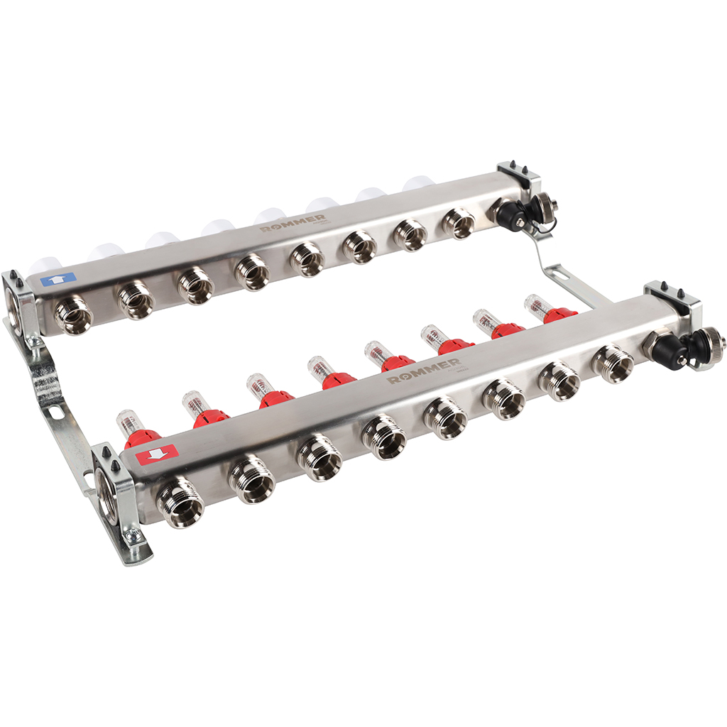 Коллектор из нержавеющей стали с расходомерами ROMMER, с клапаном вып. воздуха и сливом 8 выходов, RMS-1201-000008