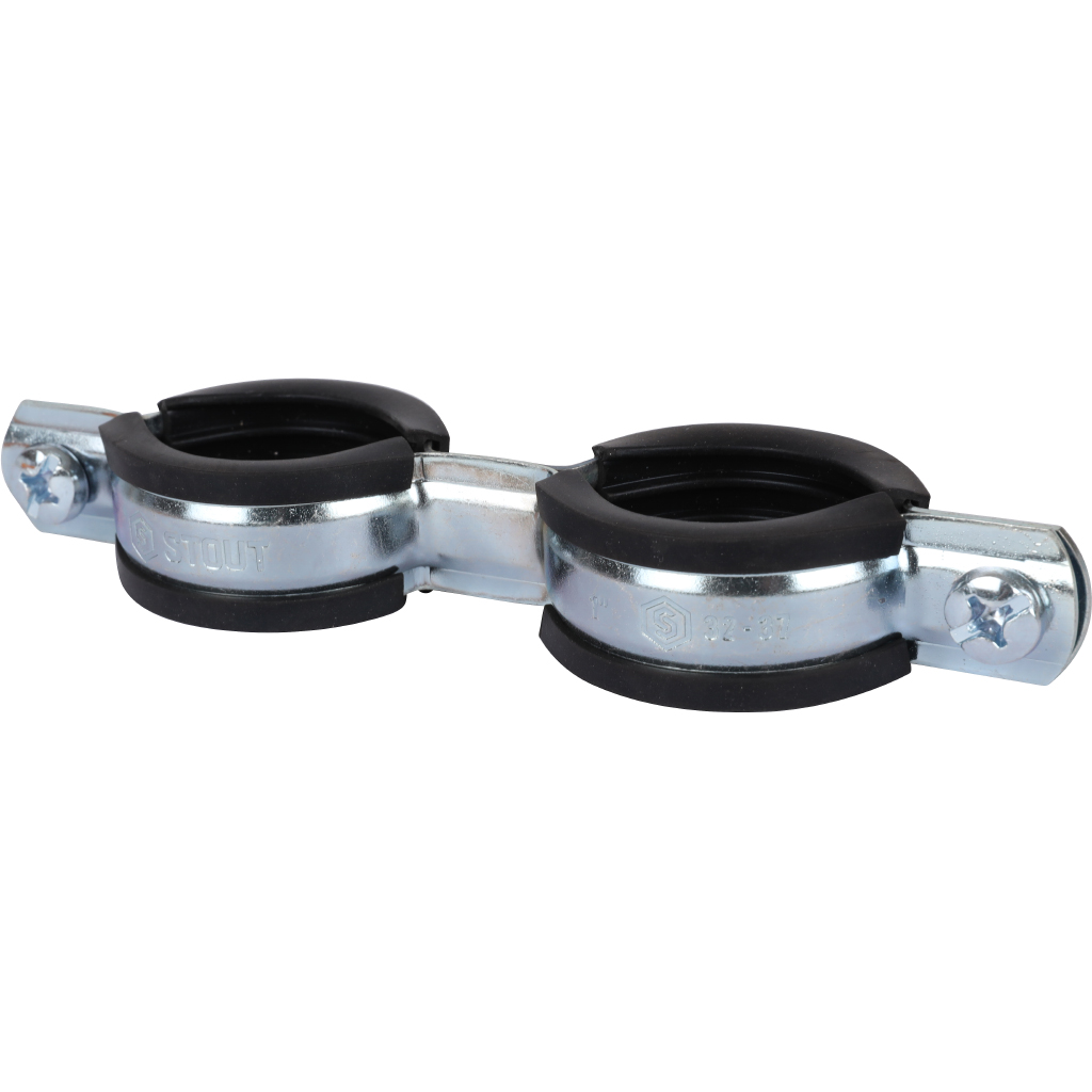 Комплект двойной хомут для труб STOUT хомут+шпилька шуруп +дюбель пластиковый 1 (32-35), SAC-0020-200001