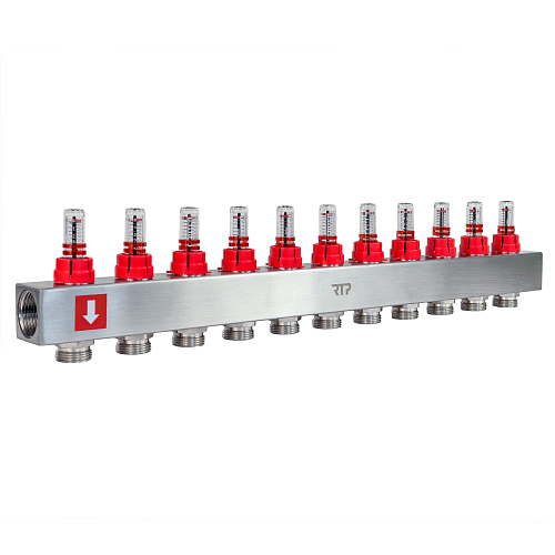 Коллекторная группа с расходомером и кронштейном (евроконус 3/4) нержавеющая сталь SUS 304 1х11 выходов, RTP