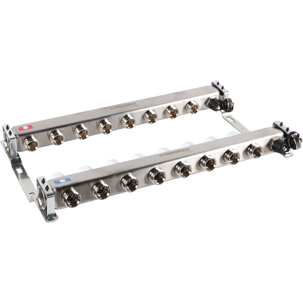 Коллектор из нержавеющей стали без расходомеров ROMMER, с клапаном вып. воздуха и сливом 8 выходов, RMS-3201-000008