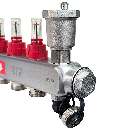 Коллекторная группа с регулирующими клапанами, расходомерами, воздухоотводчиками, обратными и дренажными клапанами, кронштейном (евроконус 3/4) нержавеющая сталь SUS 304 1х 3 выхода, RTP