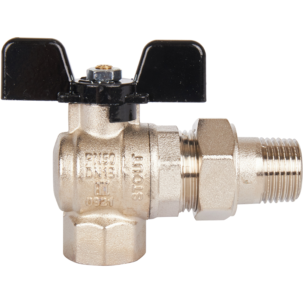 Кран шаровой полнопроходной STOUT угловой, ВР/НР, ручка бабочка 1/2, американка, SVB-0008-000015