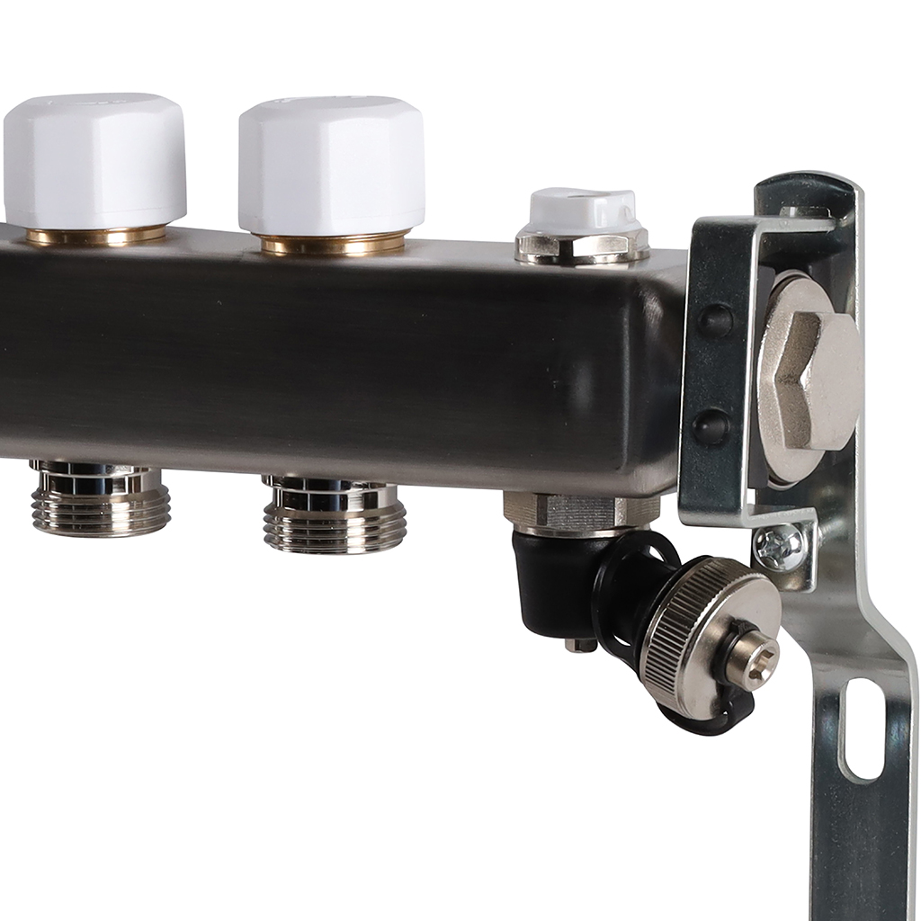 Коллектор из нержавеющей стали без расходомеров ROMMER, с клапаном вып. воздуха и сливом 10 выходов, RMS-3201-000010