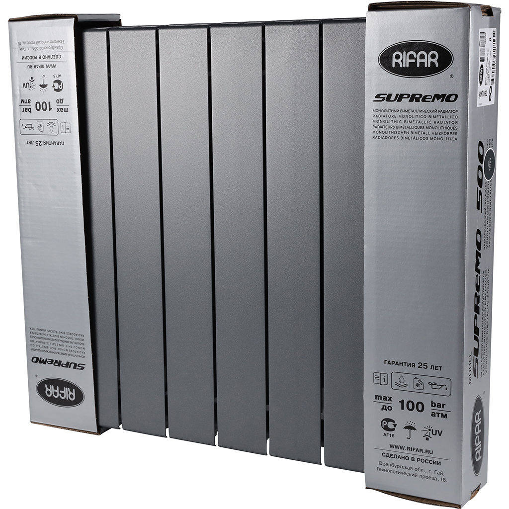 Радиатор биметаллический RIFAR SUPReMO VENTIL 500 SVR 8 секций нижнее правое подключение (Цвет ТИТАН), 4RS50.VR-8-TI