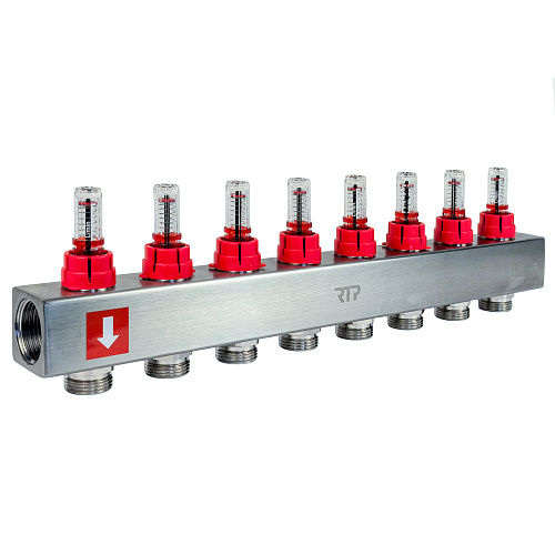 Коллекторная группа с расходомером и кронштейном (евроконус 3/4) нержавеющая сталь SUS 304 1х 8 выходов, RTP