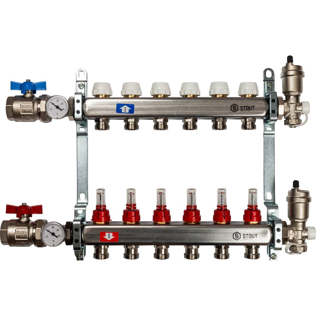Коллектор из нержавеющей стали в сборе с расходомерами STOUT 6 выходов, SMS 0907 000006