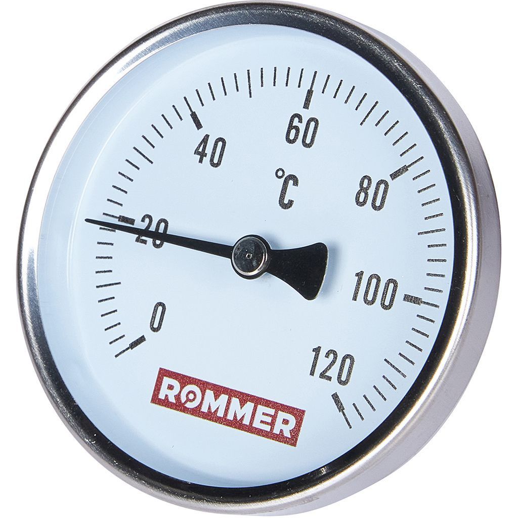 Термометр биметаллический ROMMER 80 мм 120 градусов с погружной гильзой 50 мм 1/2