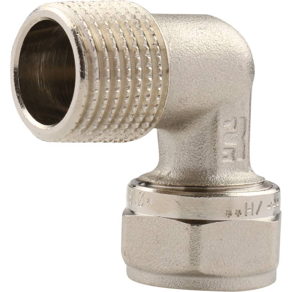 Угольник TIEMME с наружной резьбой (16х2.0х1/2) для металлопластиковых труб винтовой, 1600013