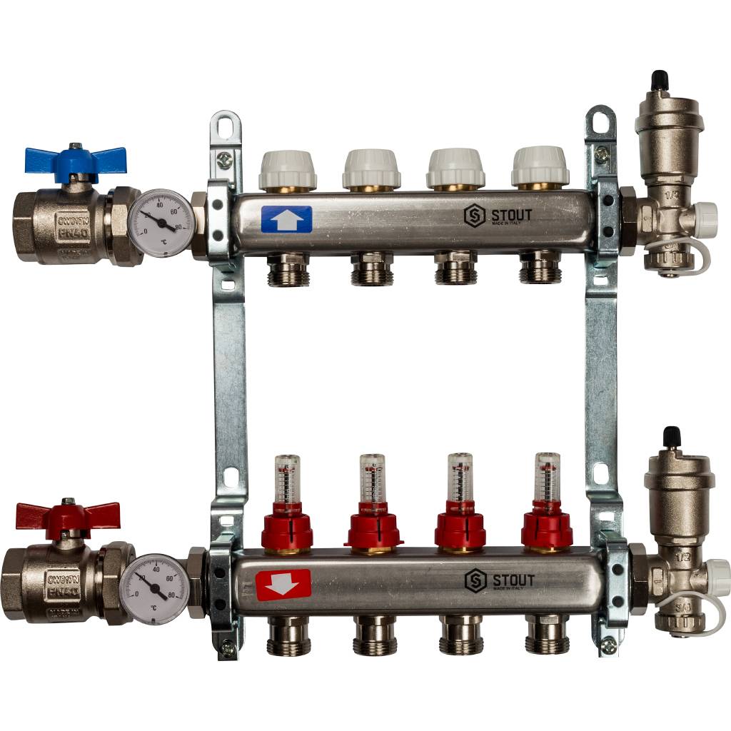 Коллектор из нержавеющей стали в сборе с расходомерами STOUT 4 выхода