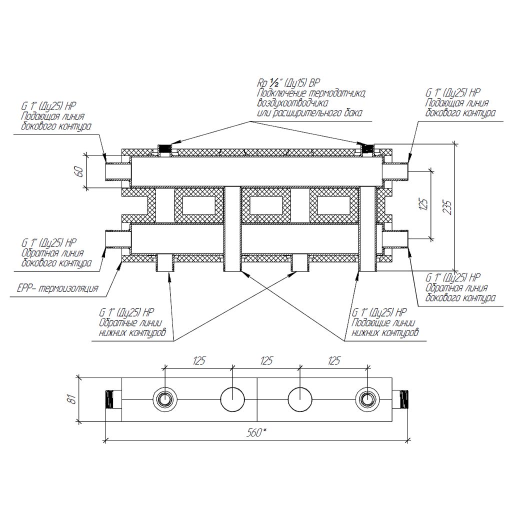 Модульный коллектор GIDRUSS MK-60-3D.EPP (до 60 кВт, магистраль G 1, 2+1 контура G 1, EPP-термоизоляция, 4D-кронштейны K.UMS, цвет черный муар с серебром, подключение для температурного датчика)
