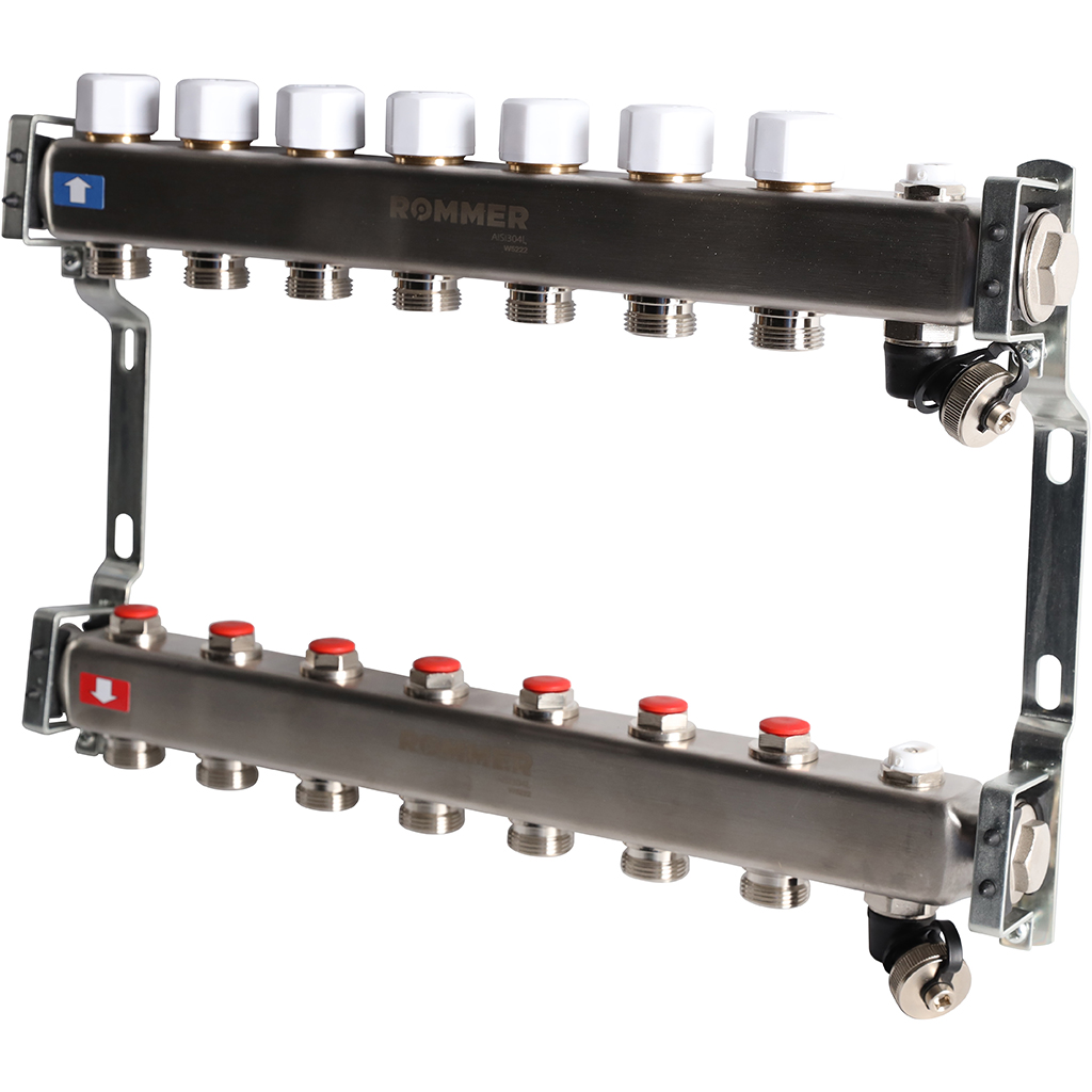 Коллектор из нержавеющей стали без расходомеров ROMMER, с клапаном вып. воздуха и сливом 7 выходов