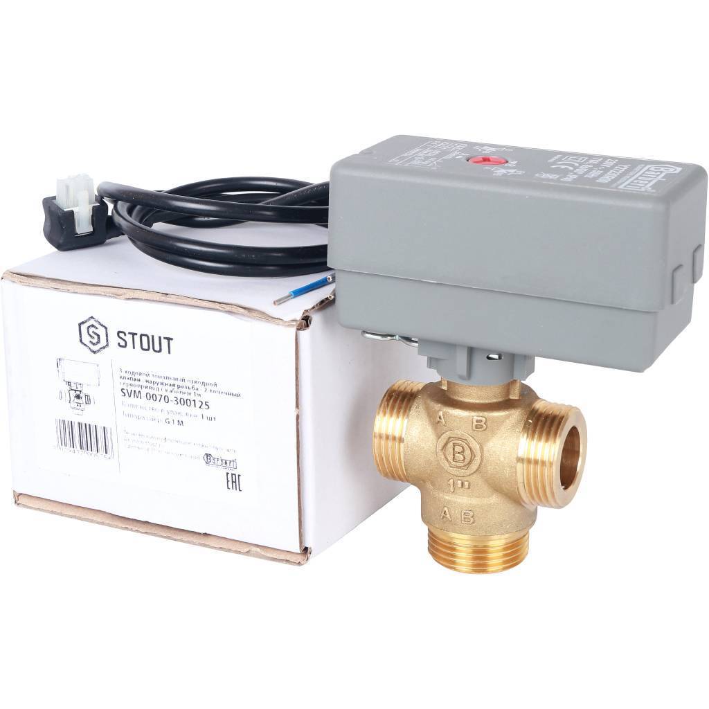 Компактный 3-Ходовой зональный клапан, сервопривод STOUT 230V, с кабелем 1м., НР 1