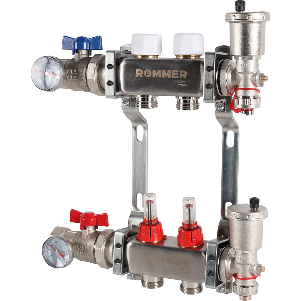 Коллектор из нержавеющей стали в сборе с расходомерами ROMMER 2 выхода, RMS-1210-000002