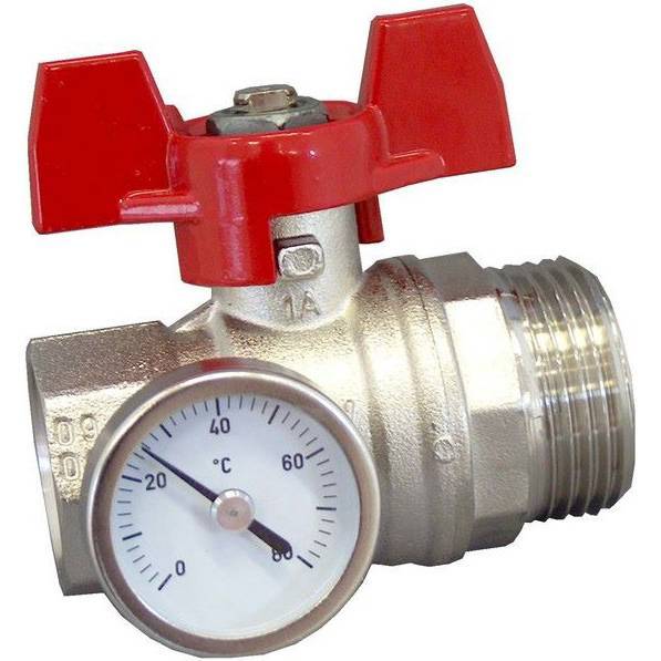 Кран шаровой Oventrop муфтовый BP 1 х НР 1 с термометром 0-80°C, с красной ручкой бабочкой