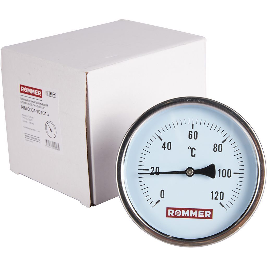 Термометр биметаллический ROMMER 100 мм 120 градусов с погружной гильзой 100 мм 1/2
