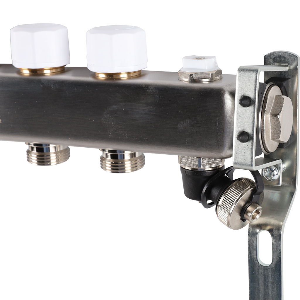 Коллектор из нержавеющей стали без расходомеров ROMMER, с клапаном вып. воздуха и сливом 6 выходов, RMS-3201-000006