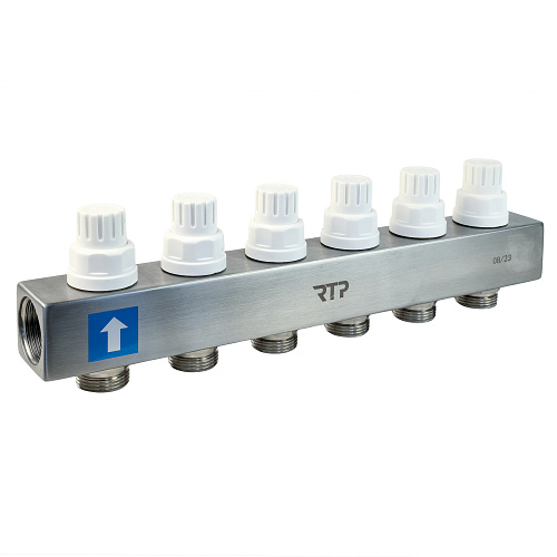 Коллекторная группа с расходомером и кронштейном (евроконус 3/4) нержавеющая сталь SUS 304 1х 6 выходов, RTP