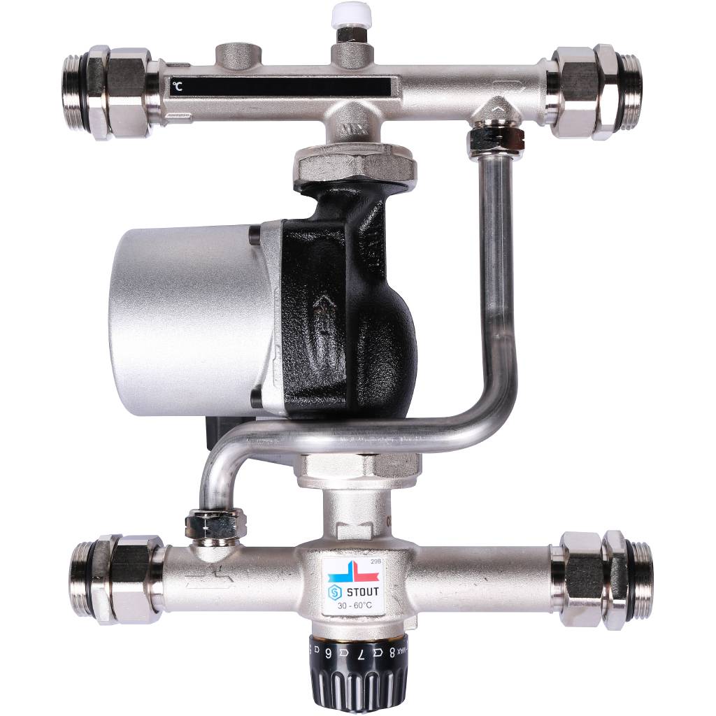 Насосно-смесительный узел STOUT с термостатическим клапаном 30-60°C, с насосом UPSO 25-65, 130 mm