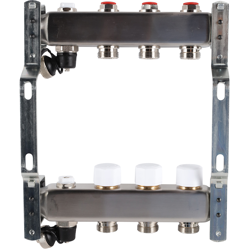 Коллектор из нержавеющей стали без расходомеров ROMMER, с клапаном вып. воздуха и сливом 3 выхода, RMS-3201-000003