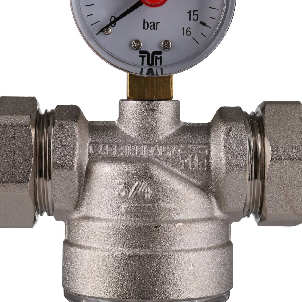 Фильтр с манометром TIEMME 3/4 со сгонами, с прозрачной пластиковой колбой, промывной, 3130006