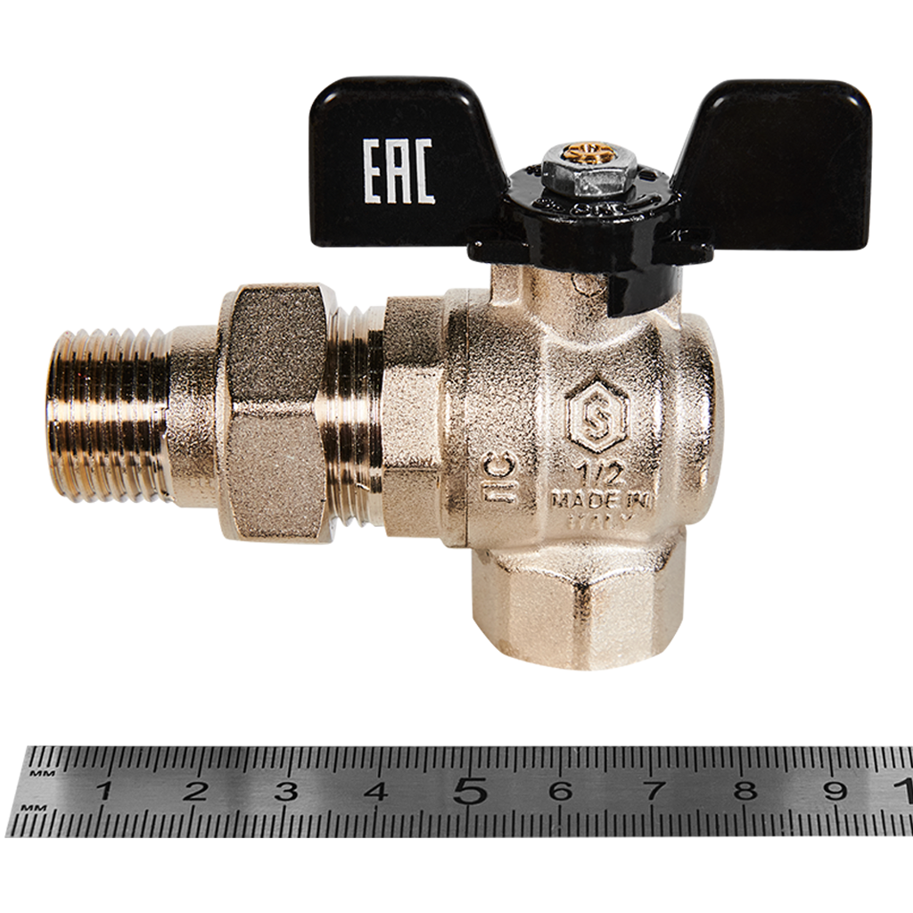 Кран шаровой полнопроходной угловой с американкой STOUT ВР/НР ручка бабочка 1/2