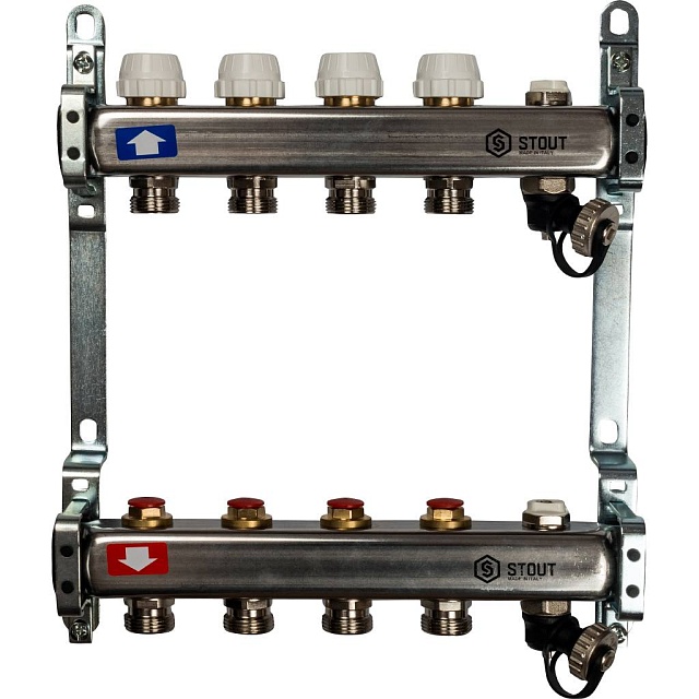 Коллектор из нержавеющей стали без расходомеров, с клапаном вып. воздуха и сливом STOUT 4 выхода