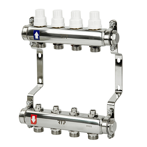 Коллекторная группа с ручными регулирующими клапанами и кронштейном (евроконус 3/4) нержавеющая сталь SUS 304 1х4 выхода, RTP