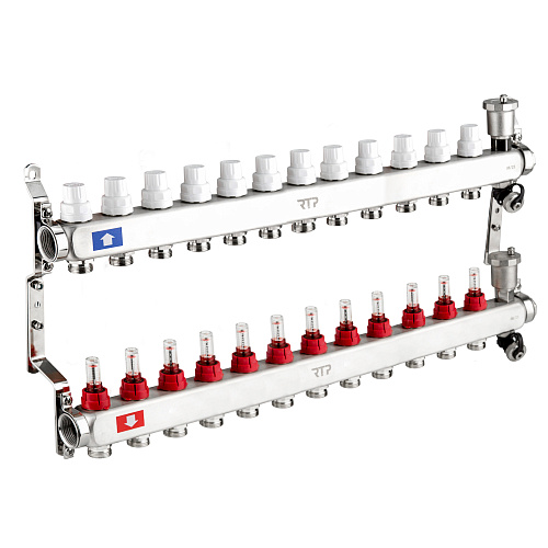 Коллекторная группа с регулирующими клапанами, расходомерами, воздухоотводчиками, обратными и дренажными клапанами, кронштейном (евроконус 3/4) нержавеющая сталь SUS 304 1х 12 выходов, RTP