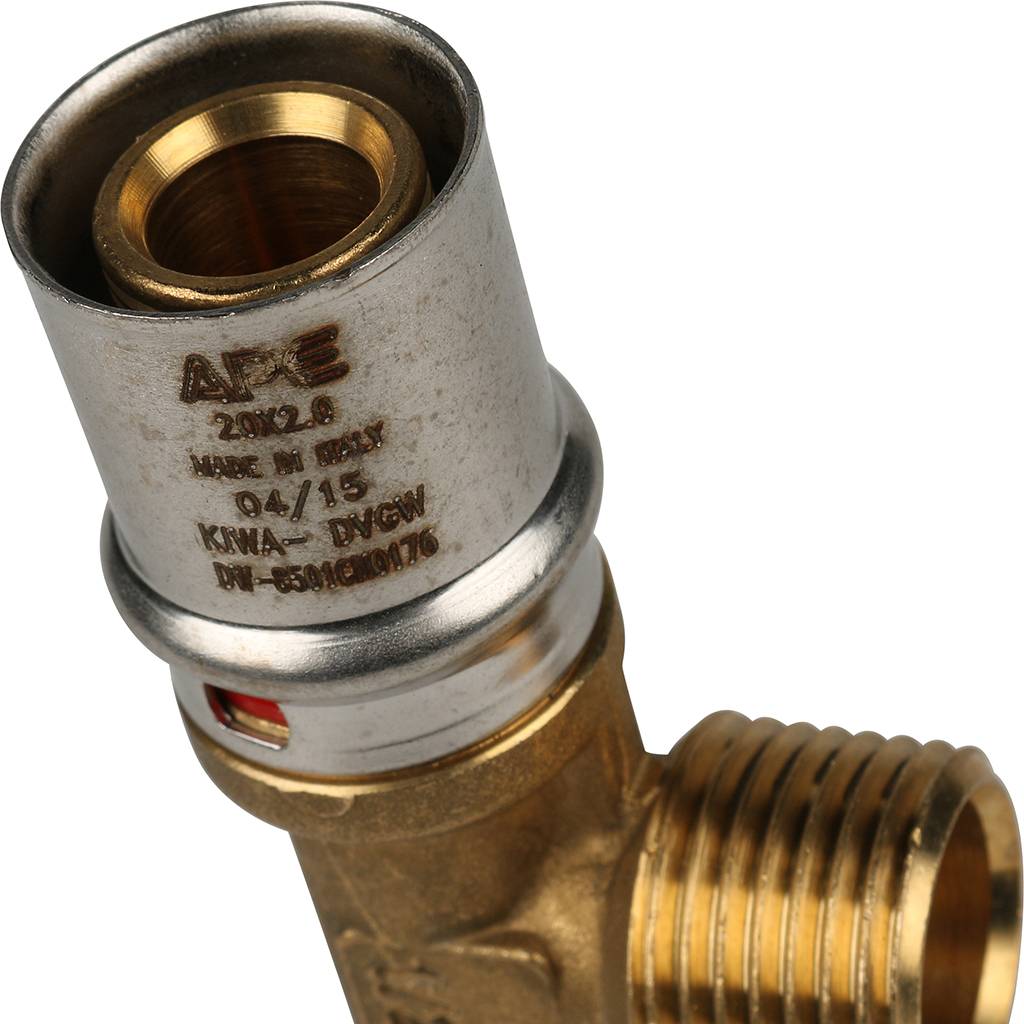 Тройник-переходник STOUT с наружной резьбой 20х1/2 х20 для металлопластиковых труб прессовой, SFP-0008-201220