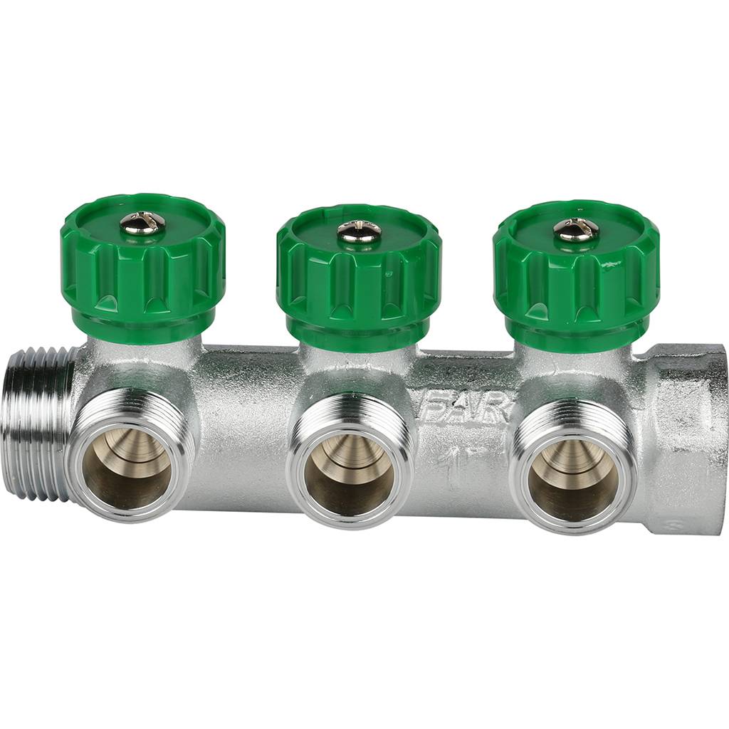 Коллектор распределительный FAR 1 , проходной, хромированный, 3 отвода 3/4  плоское уплотнение