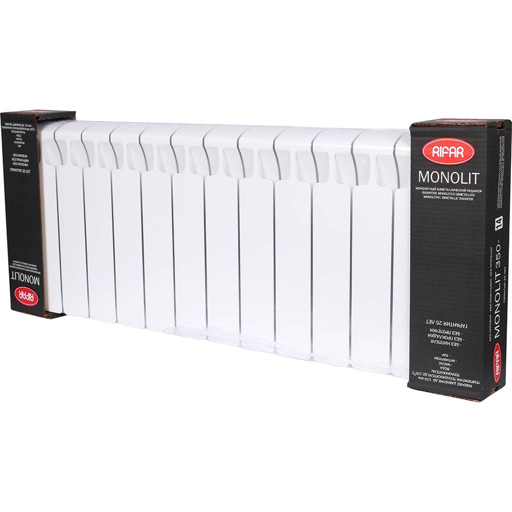 Радиатор биметаллический RIFAR MONOLIT 350 14 секций боковое подключение (белый RAL 9016), 3RM35-14