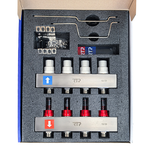 Коллекторная группа с расходомером и кронштейном (евроконус 3/4) нержавеющая сталь SUS 304 1х 4 выхода, RTP