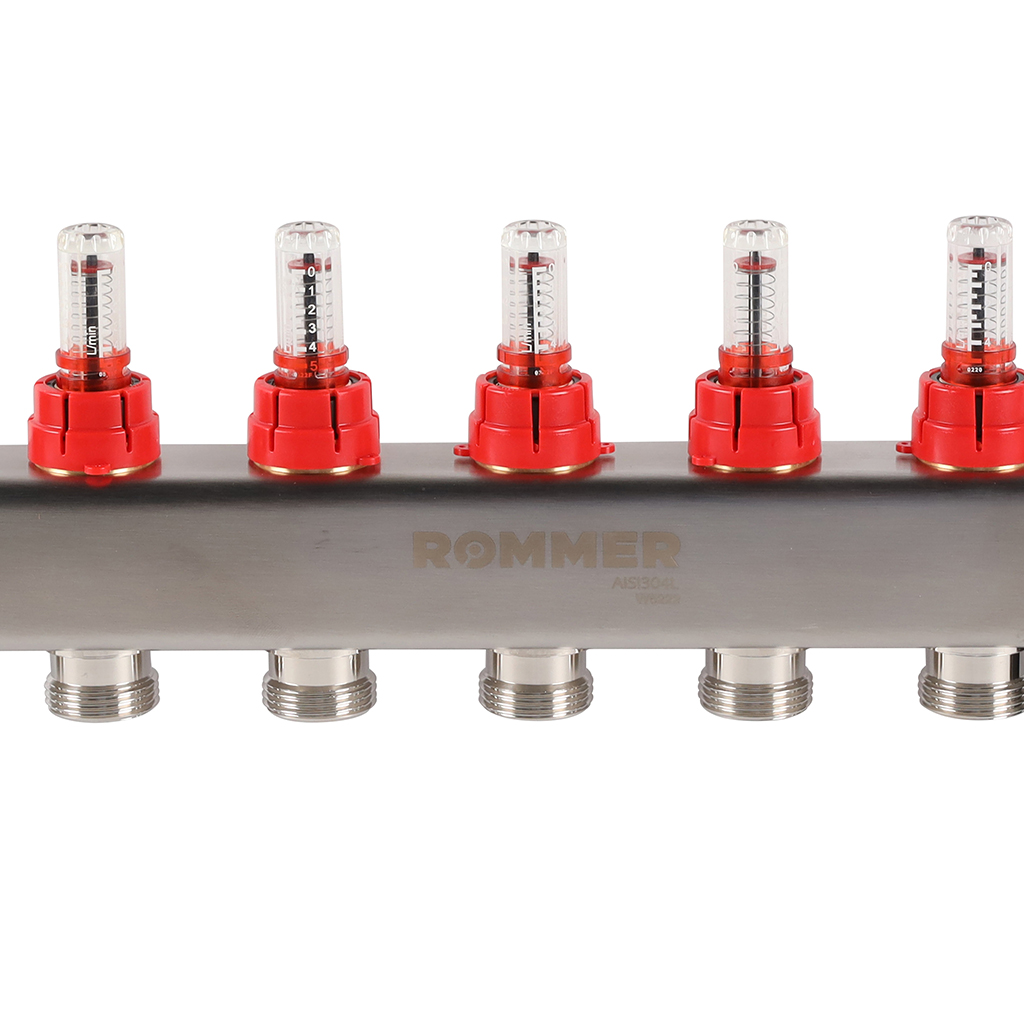 Коллектор из нержавеющей стали с расходомерами ROMMER, с клапаном вып. воздуха и сливом 6 выходов, RMS-1201-000006
