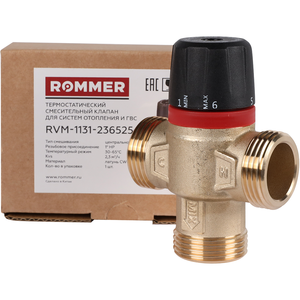 Термостатический смесительный клапан для систем отопления и ГВС ROMMER 1 НР 30-65°С KV 2,3 (центральное смешивание), RVM-1131-236525