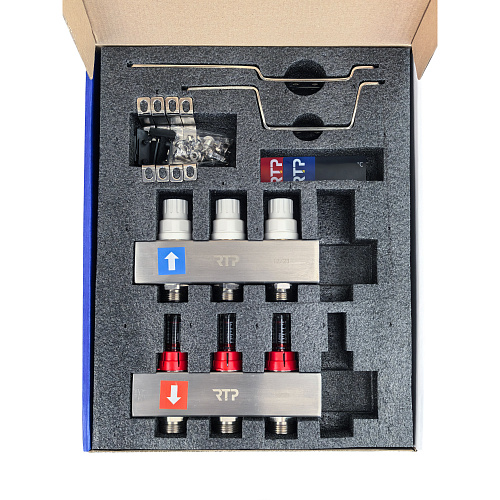 Коллекторная группа с расходомером и кронштейном (евроконус 3/4) нержавеющая сталь SUS 304 1х 3 выхода, RTP