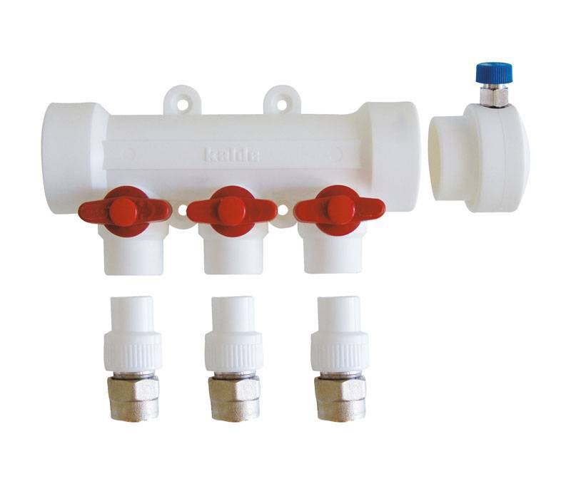 Коллектор с воздухоотводчиком и запорными кранами Kalde (4 выхода)