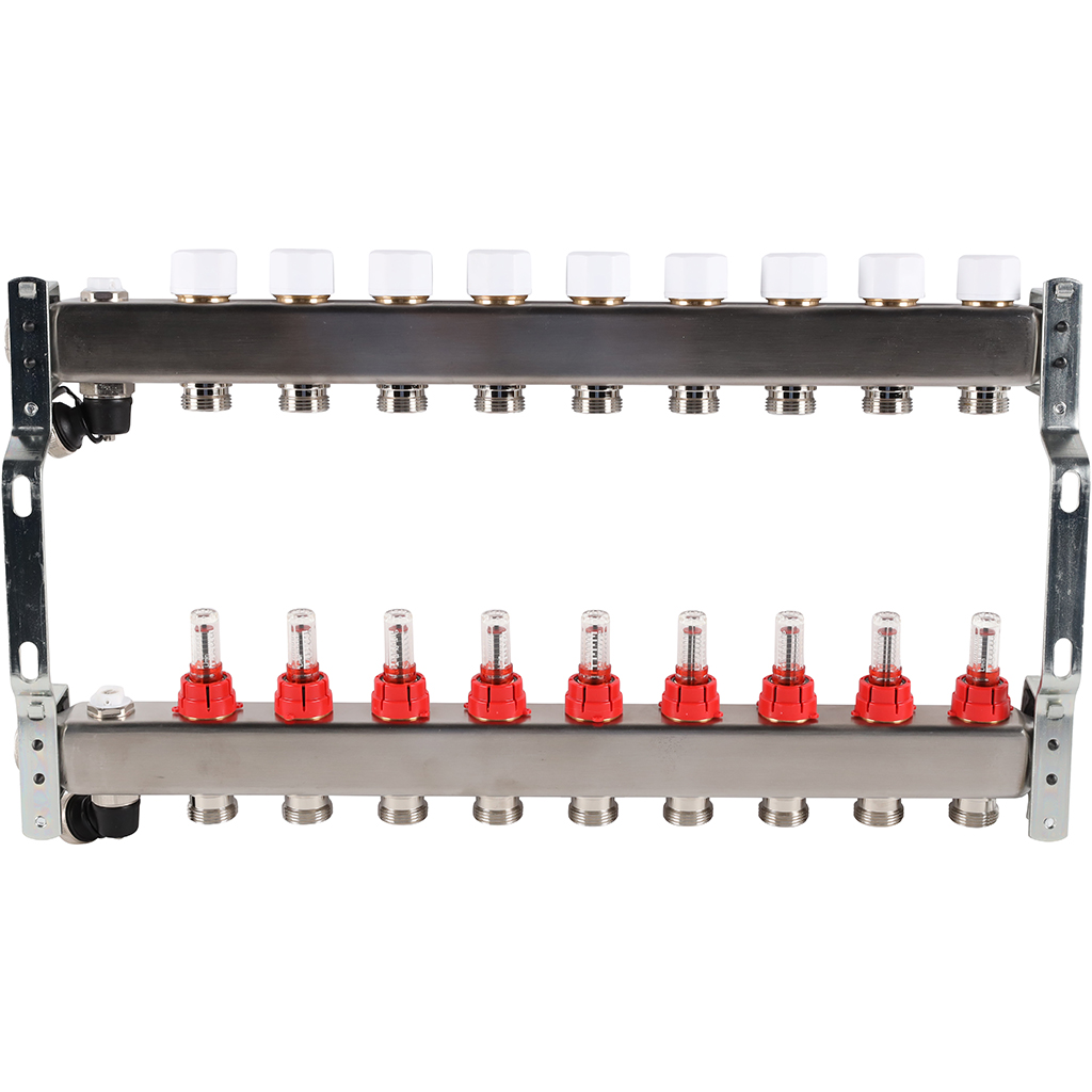 Коллектор из нержавеющей стали с расходомерами ROMMER, с клапаном вып. воздуха и сливом 9 выходов, RMS-1201-000009