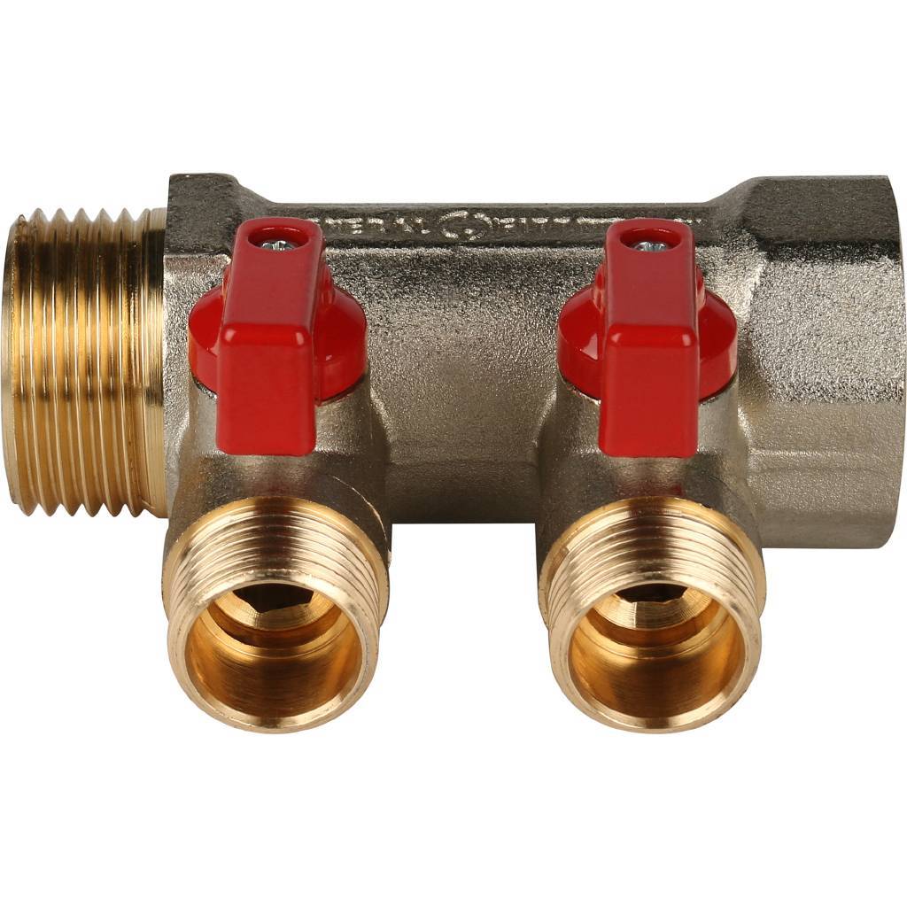 Коллектор с шаровыми кранами STOUT 1, 2 отвода 1/2  (красные ручки)