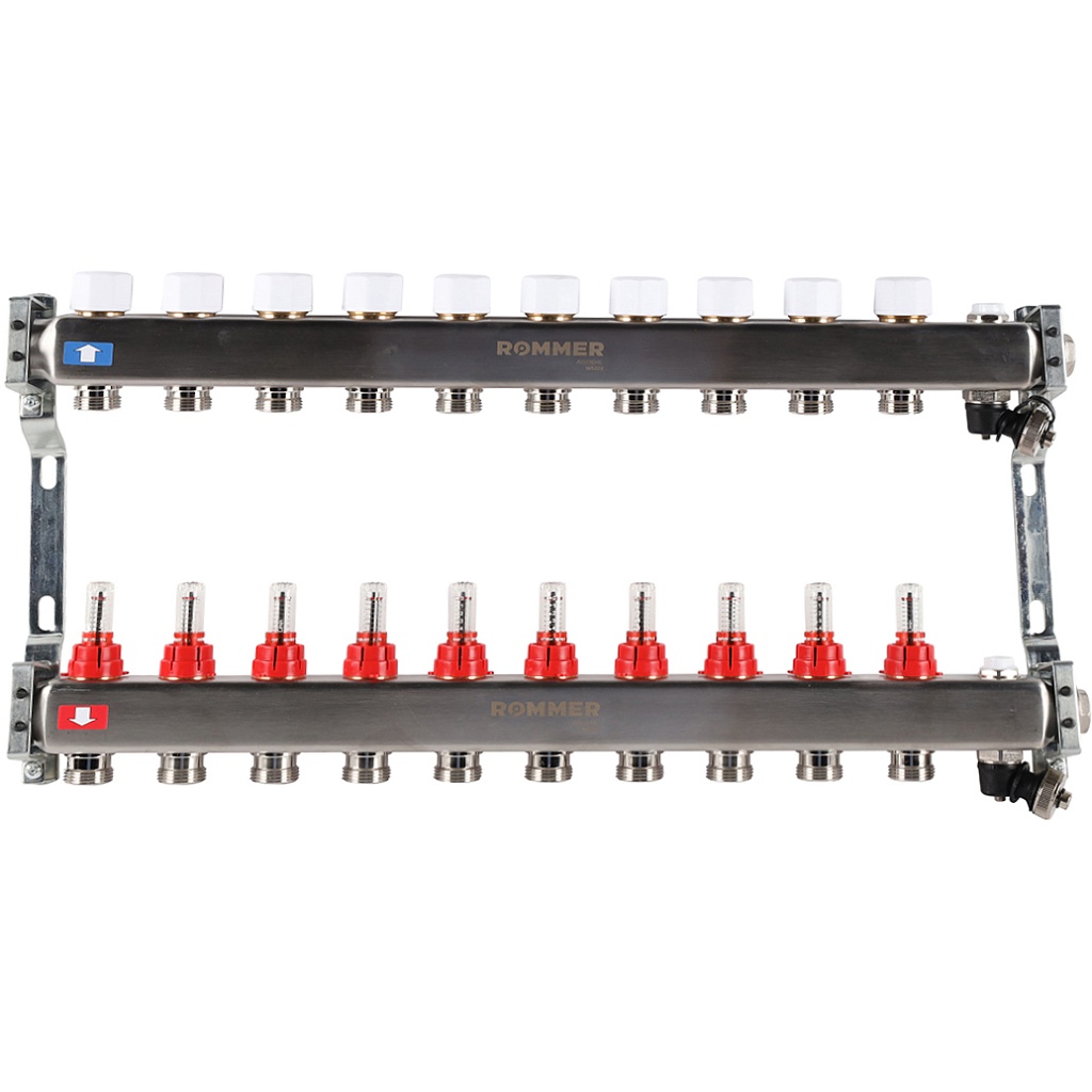 Коллектор из нержавеющей стали с расходомерами ROMMER, с клапаном вып. воздуха и сливом 10 выходов