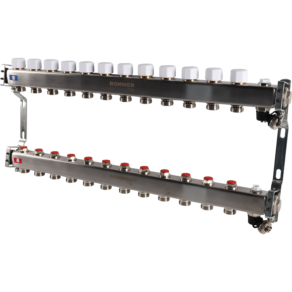 Коллектор из нержавеющей стали без расходомеров ROMMER, с клапаном вып. воздуха и сливом 12 выходов, RMS-3201-000012