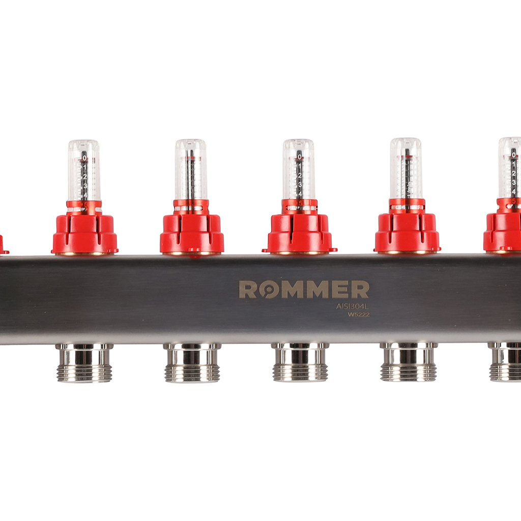 Коллектор из нержавеющей стали с расходомерами ROMMER, с клапаном вып. воздуха и сливом 8 выходов, RMS-1201-000008