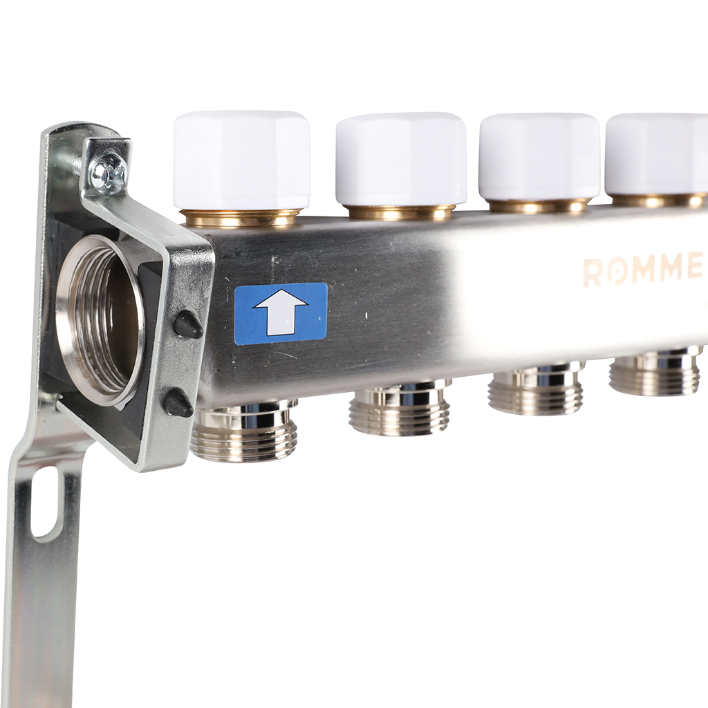 Коллектор из нержавеющей стали с расходомерами ROMMER, с клапаном вып. воздуха и сливом 5 выходов, RMS-1201-000005