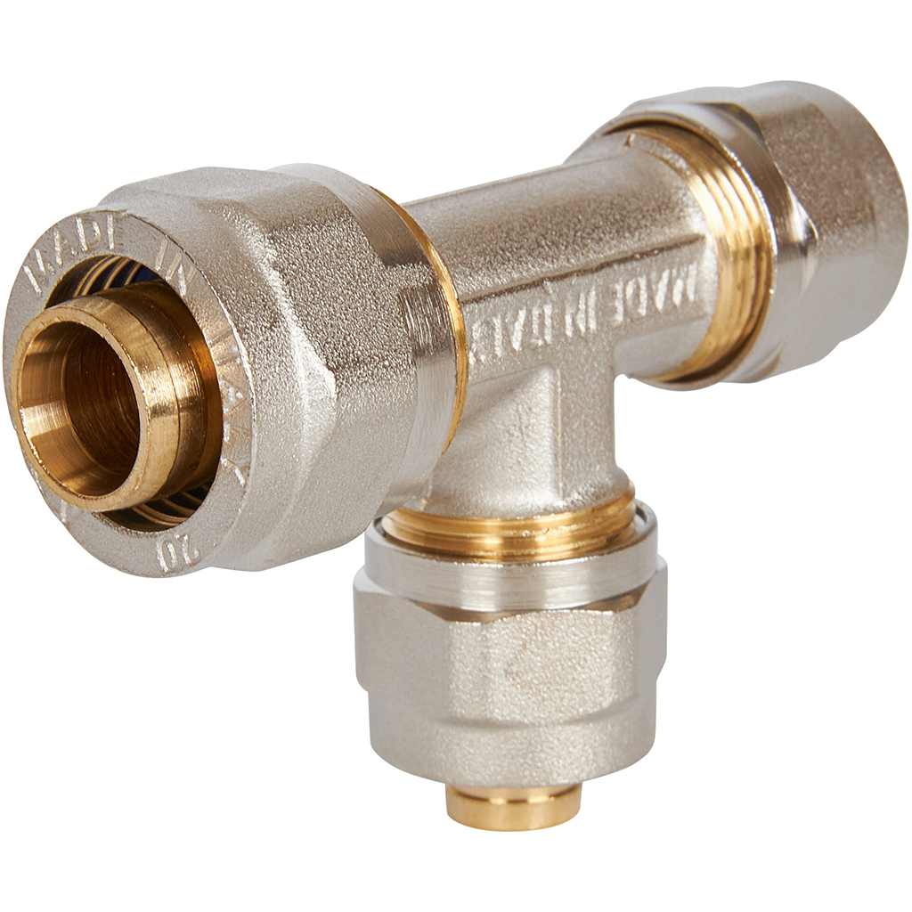 Тройник переходной STOUT 20х16х16 для металлопластиковых труб винтовой, SFS-0010-201616