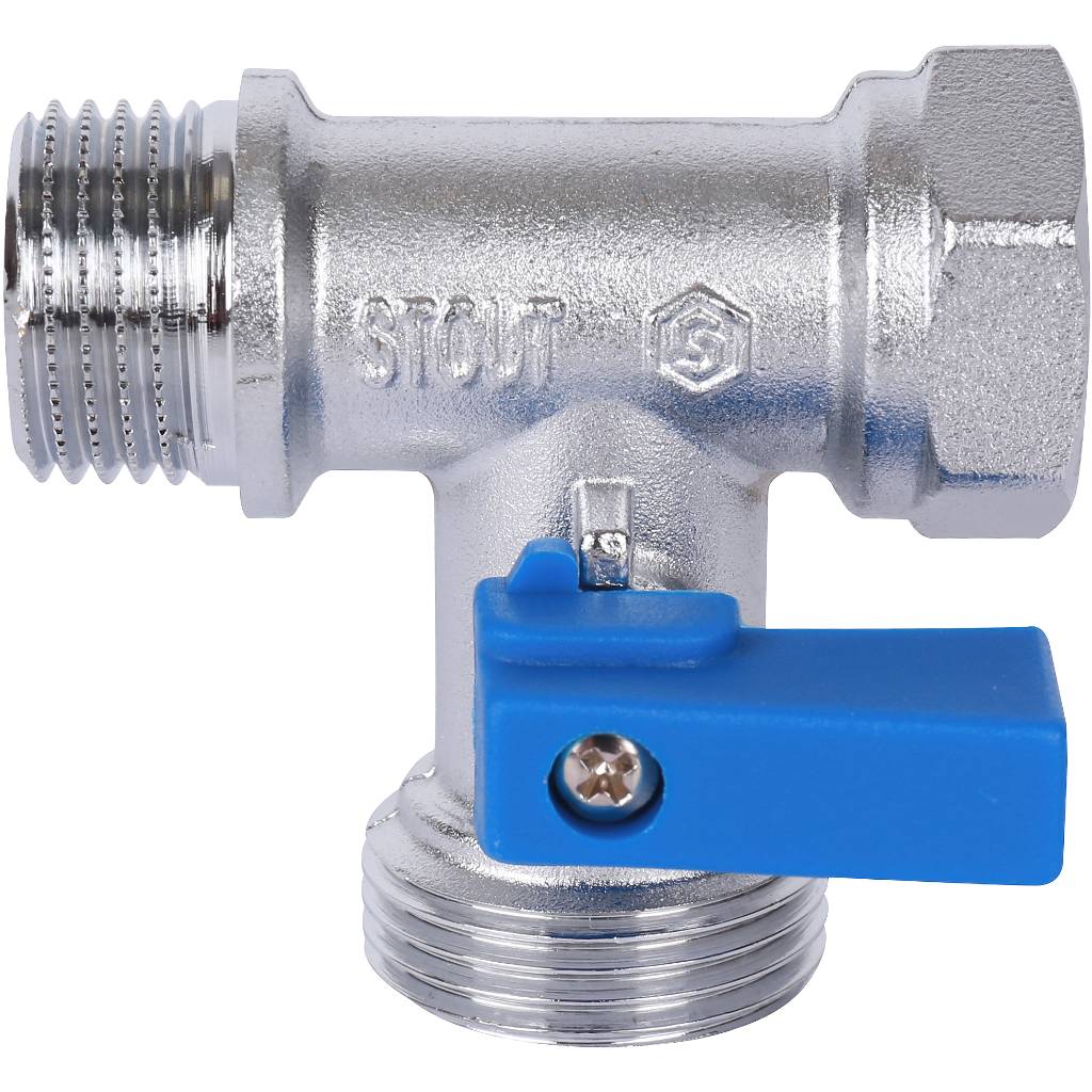 Кран шаровой проходной STOUT 1/2 х 3/4 х 1/2 для стиральных и посудомоечных машин, SVB-0124-123412