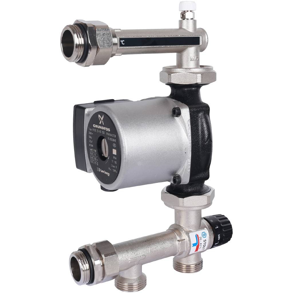 Насосно-смесительный узел STOUT SDG-0120 с термостатическим клапаном 20-43°C жидкокристаллическим термометром, с насосом UPSO 25-65, 130 mm, SDG-0120-005001