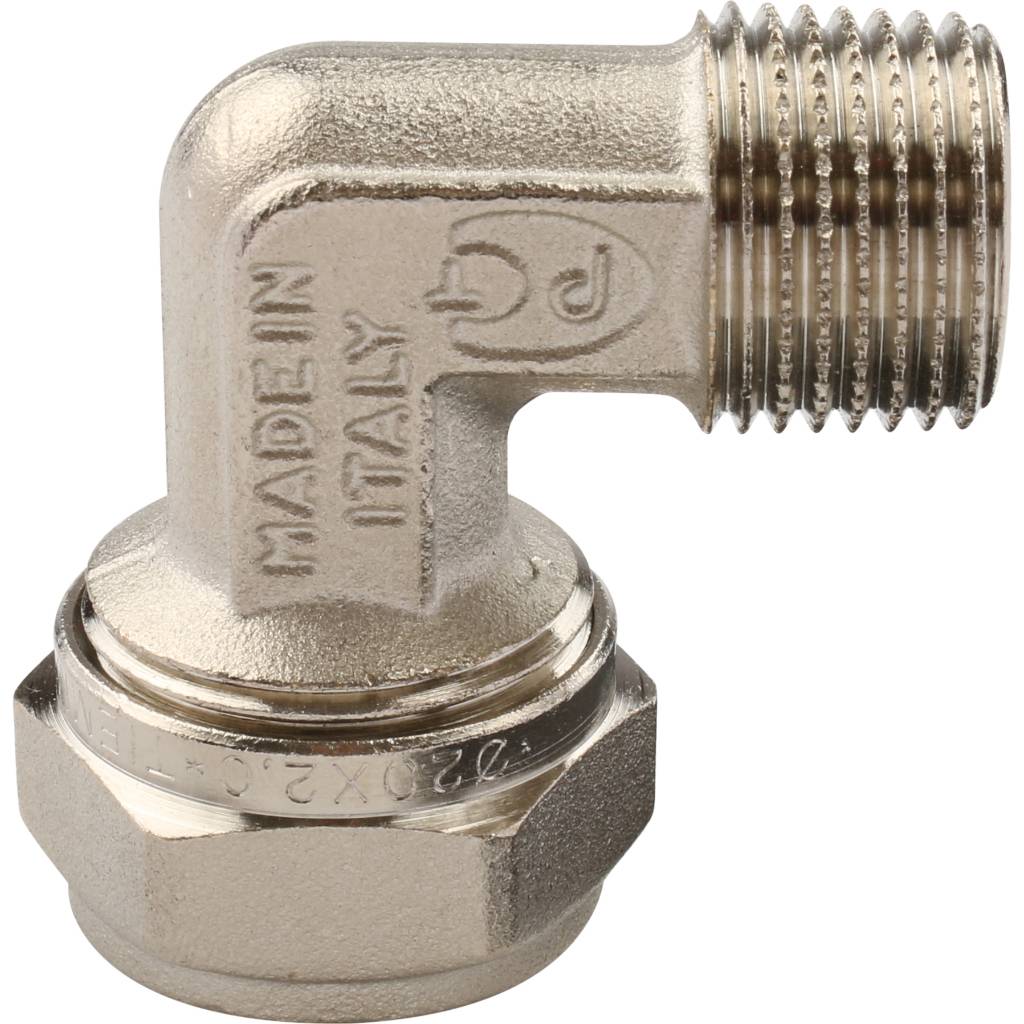 Угольник TIEMME с наружной резьбой (20х2.0х1/2) для металлопластиковых труб винтовой, 1600042