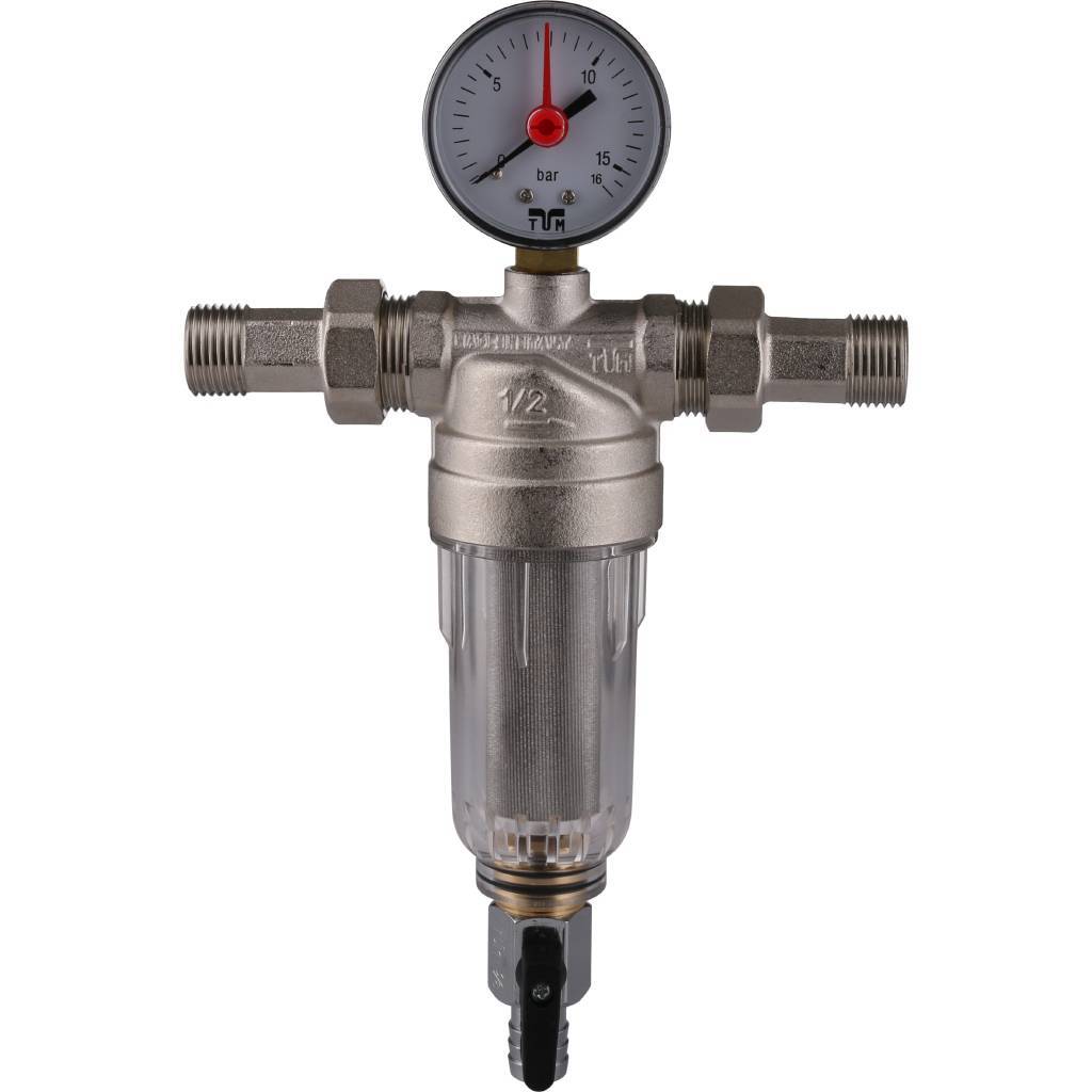 Фильтр с манометром TIEMME 1/2 со сгонами, с прозрачной пластиковой колбой, промывной, 3130002