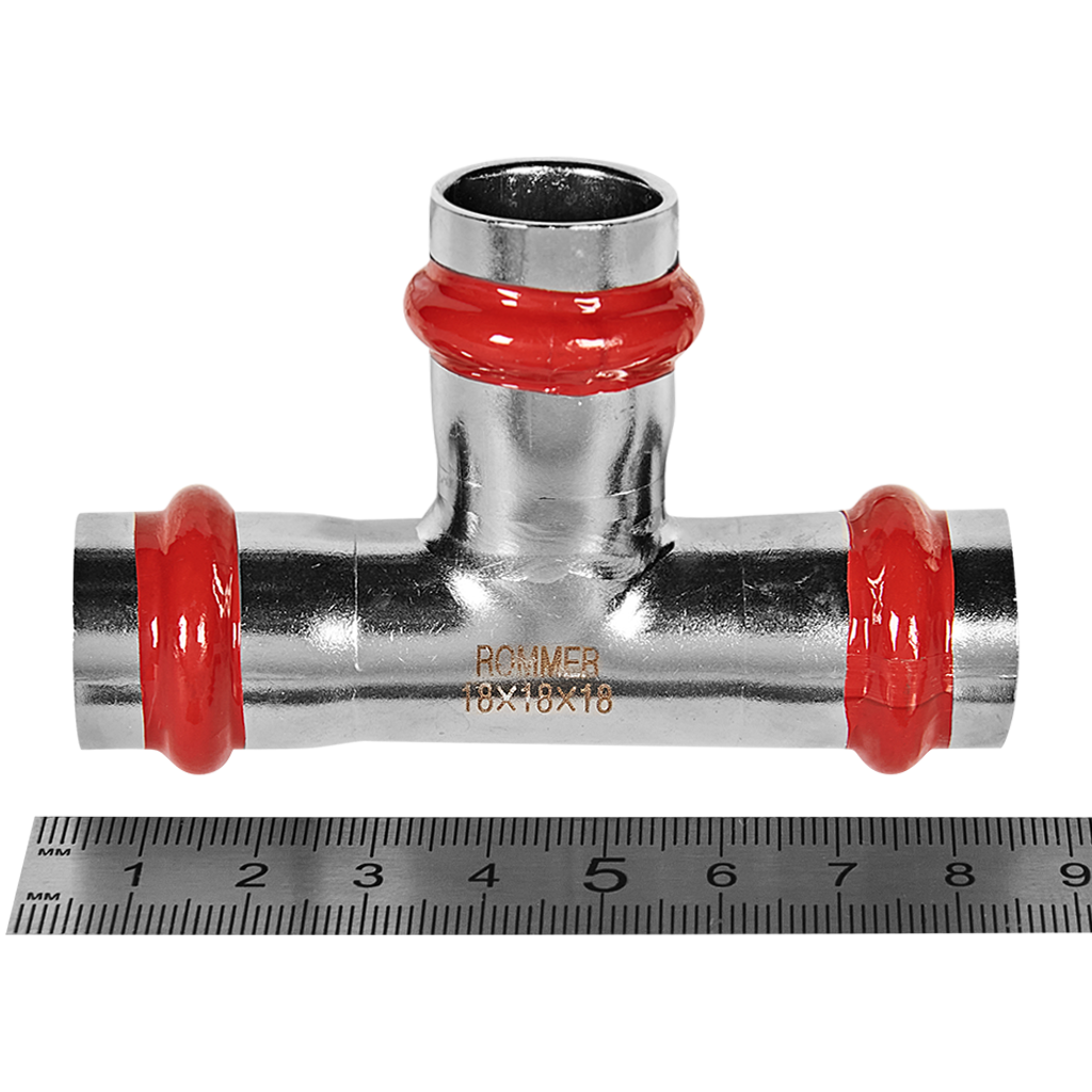 Тройник ROMMER равнопроходной 18 из нержавеющей стали прессовой