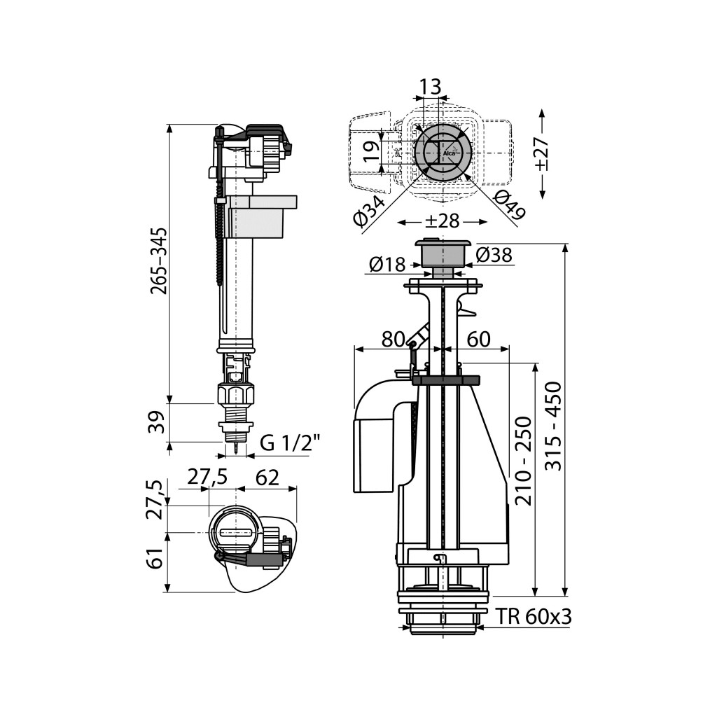 Выпускной комплект AlcaPlast с двойной кнопкой, SA08ASK 1/2 CHROM