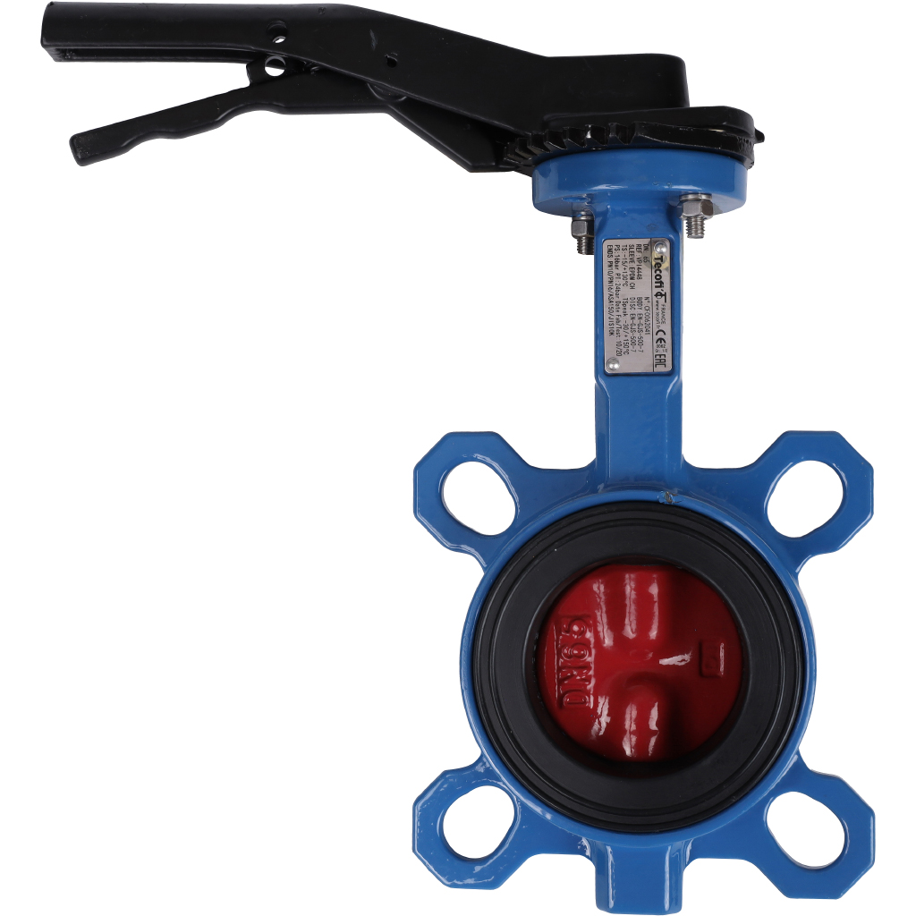 Затвор дисковый поворотный Tecofi Tecfly межфланцевый с ручкой, корпус и диск ковкий чугун, манжета EPDM, PN16, DN 65, VPI4448-02EP0065